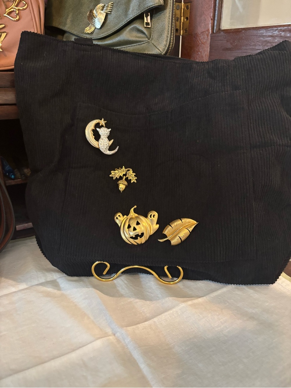Halloween Black Corduroy Tote Bag with Gold Accent Pins